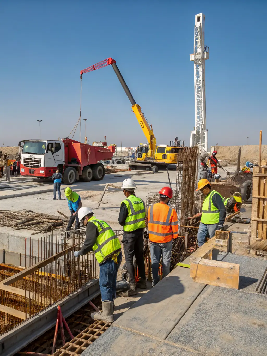 A construction site with workers and heavy machinery, showcasing the complexity of construction projects that Sentrien's ERP software helps manage.