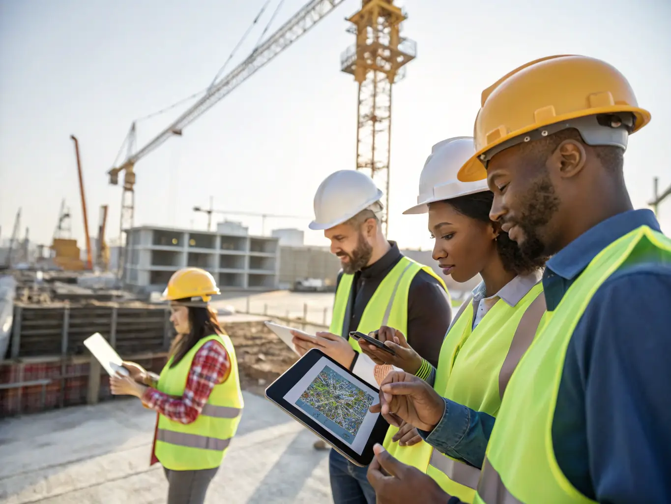 An image showing a construction site with workers using tablets and laptops, illustrating digital project management.