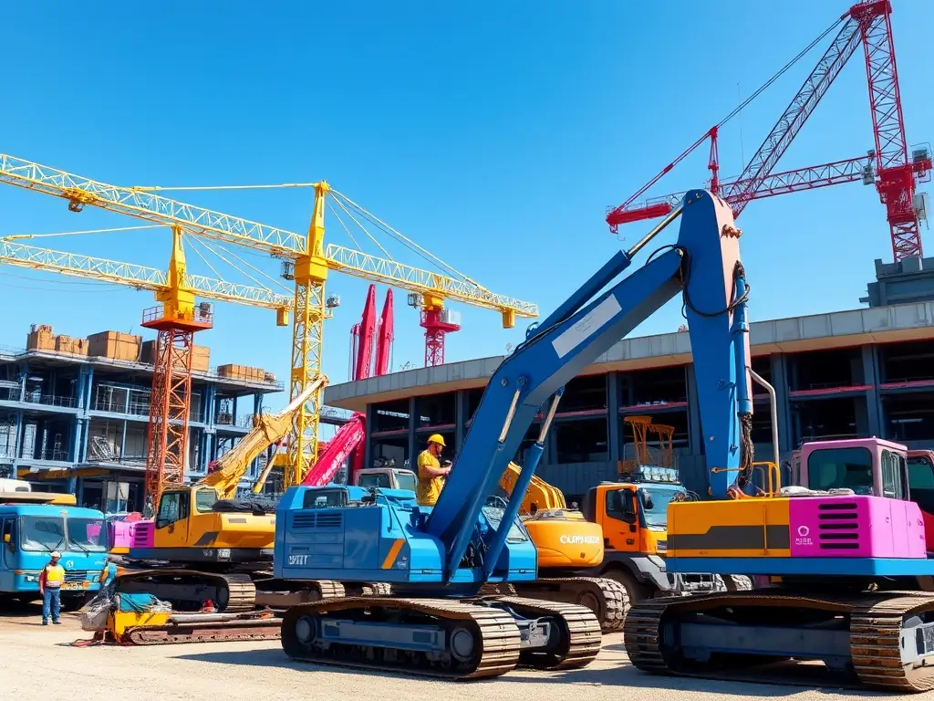 A construction site with workers and heavy machinery, emphasizing project management and resource allocation.