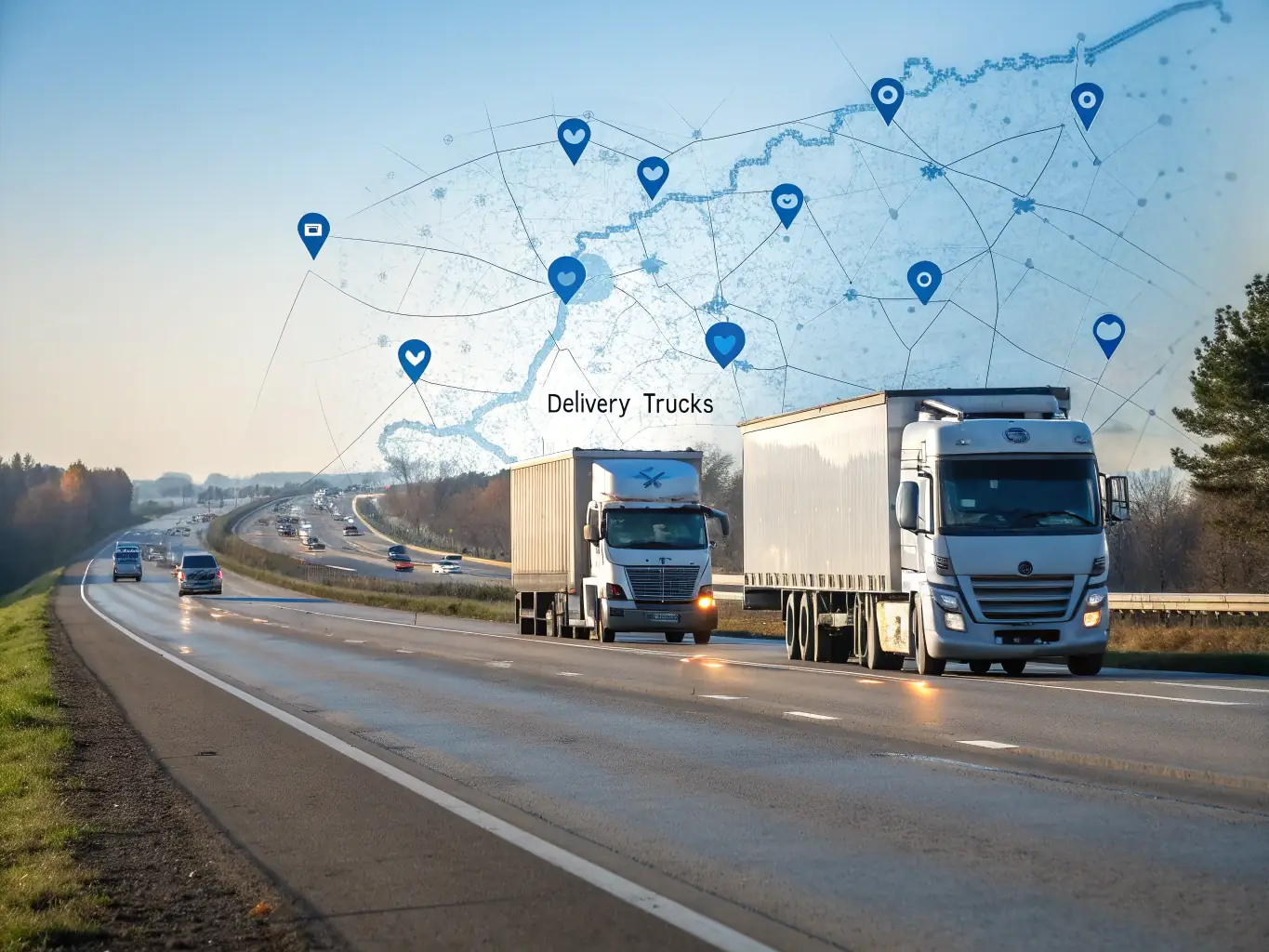 A fleet of trucks on a highway, emphasizing route optimization and cargo tracking.