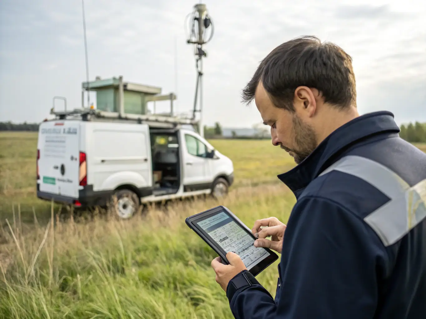 An image of field technicians using mobile devices in the field, with a dashboard interface on a tablet screen.
