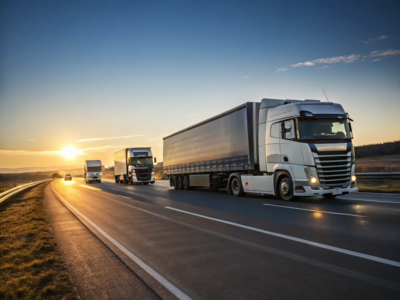 An image of a fleet of trucks on the road with a digital dashboard showing routes and cargo status.