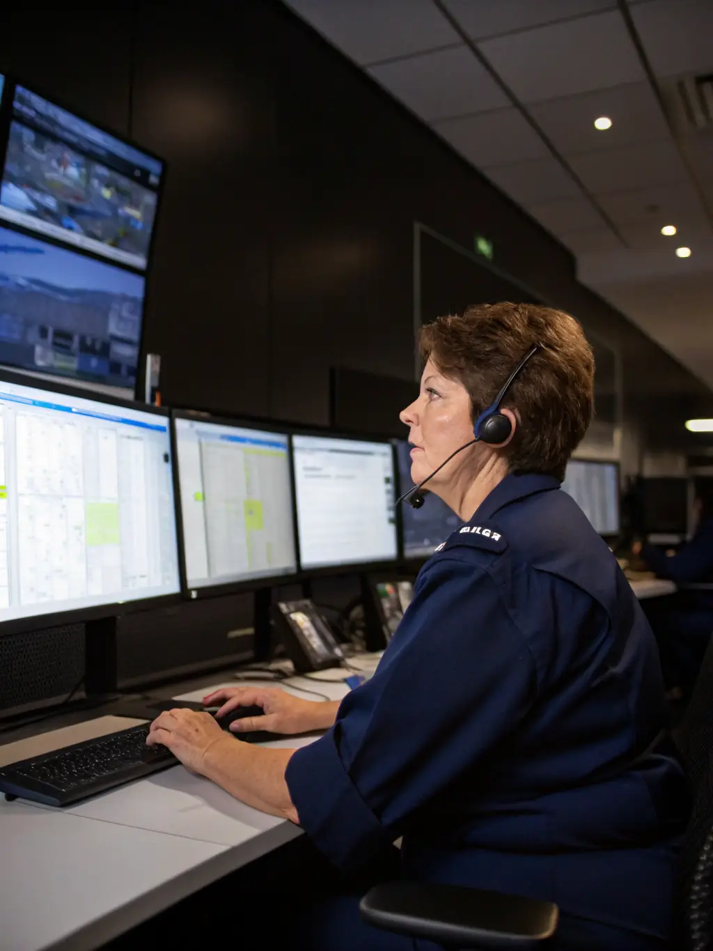 A photograph of a transportation company's dispatch center, highlighting the use of Geotab's route optimization features on a large display screen.