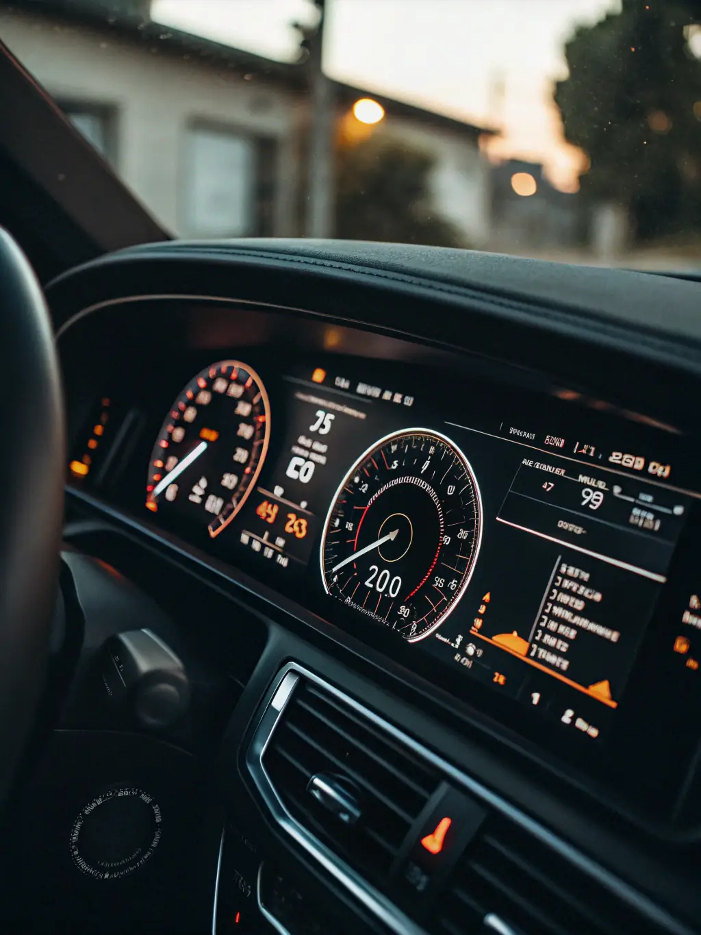 A close-up shot of a dashboard displaying detailed vehicle diagnostics data, including engine health, fuel efficiency, and maintenance alerts.