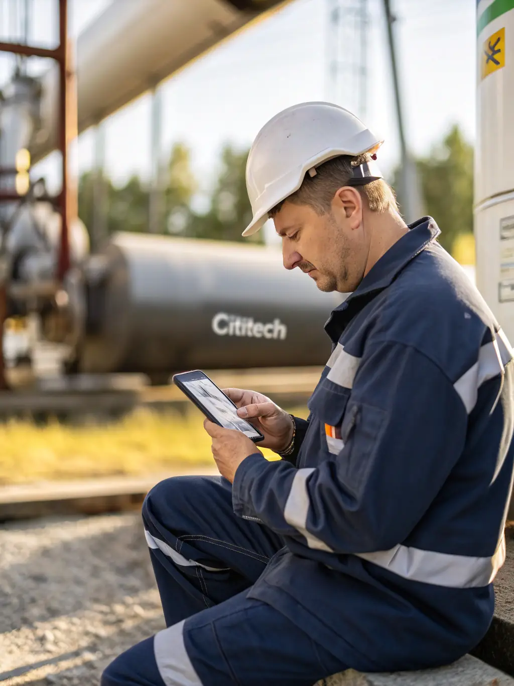 A photograph showing a field service technician using a mobile app to record vehicle inspections, with a focus on the app's user-friendly interface and data input fields.